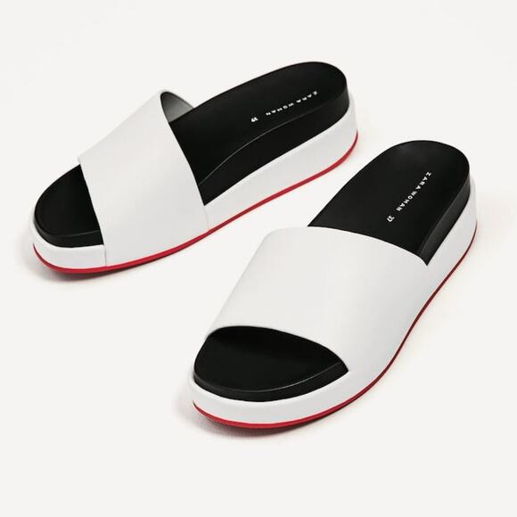 NWT Zara Woman White Contrast Sole Platform Slide Sandals - Picture 1 of 10